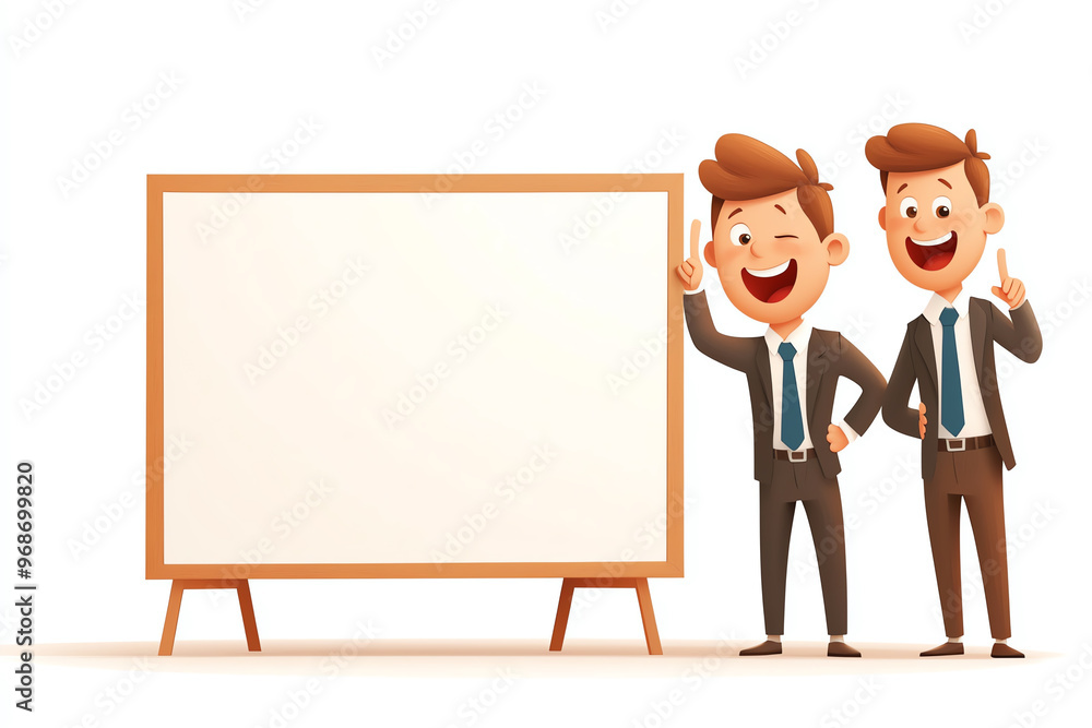 Two cheerful businessmen stand next to a blank whiteboard, ready to present ideas or sales pitches in a professional setting. Two cheerful businessmen stand next to a blank whiteboard, ready to present ideas or sales pitches in a professional setting.
