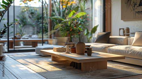 A modern center table in a stylish living room, with sleek lines and minimalist design.