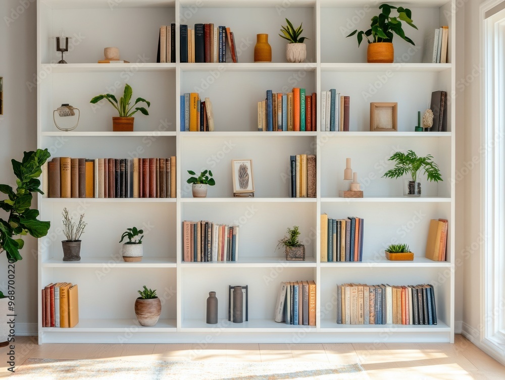 Fototapeta premium Stylish bookshelf filled with colorful books and decorative plants, creating a cozy and inviting reading space.