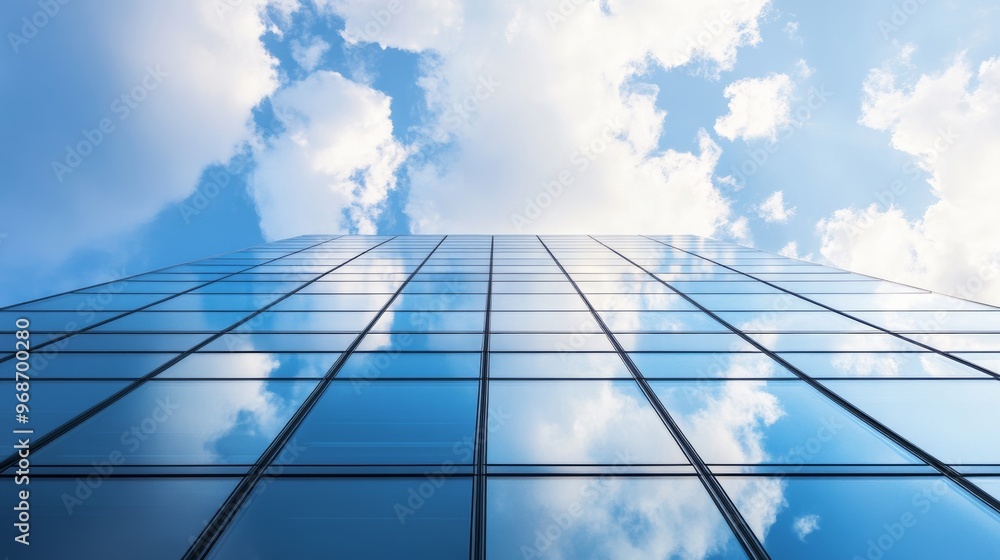 Glass skyscraper reflecting clouds and blue sky Glass skyscraper reflecting clouds and blue sky