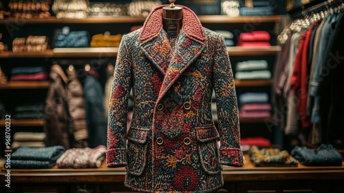 Colorful Patterned Winter Coat on Mannequin in Fashion Store