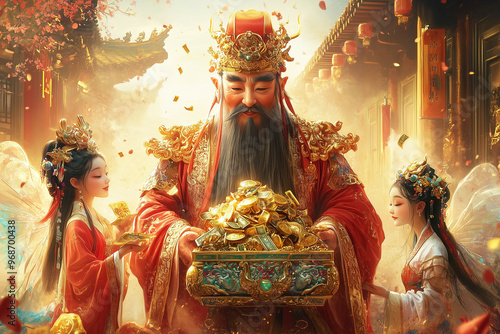 Chinese gods of Wealth delivering wealth to the door holding a golden treasure and a pile of money and treasure chest full of jewels. Ancient Chinese deity