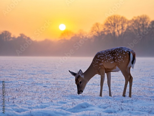 A Spotted Deer Foraging in a Snowy Field at Sunset photo