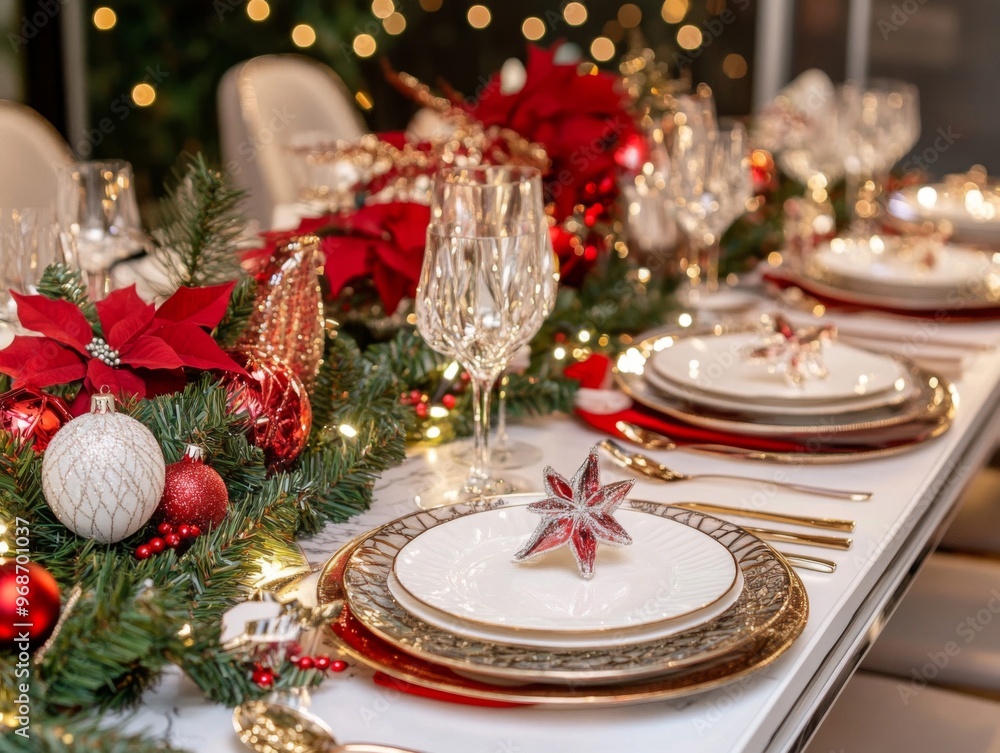 Festive Christmas Table Setting with Red and Gold Accents Festive Christmas Table Setting with Red and Gold Accents