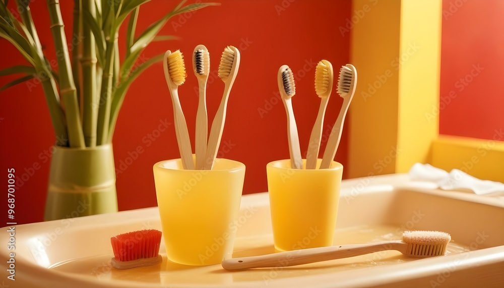 Eco toothbrushes. Bamboo toothbrushes cup, natural soap, plastic free ear sticks, wooden hair brush and white towels on gray stone background Eco toothbrushes. Bamboo toothbrushes cup, natural soap, plastic free ear sticks, wooden hair brush and white towels on gray stone background