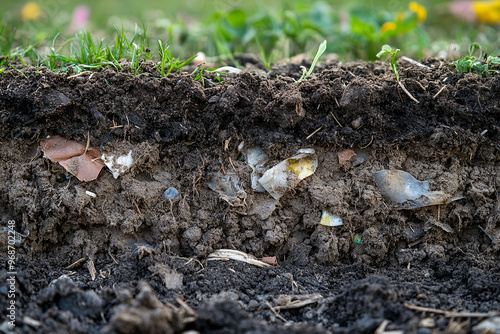 A cross-section of soil reveals buried plastic debris, illustrating pollution and environmental contamination. photo