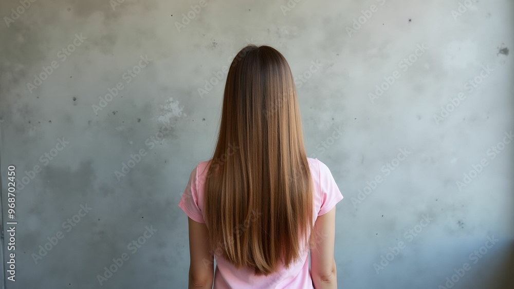 Naklejka premium A girl with long hair stands with her back to the camera against a gray concrete wall