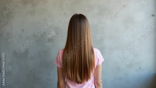 A girl with long hair stands with her back to the camera against a gray concrete wall