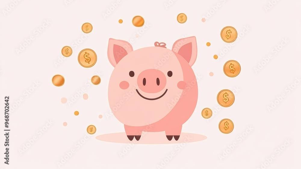 Cute flat piggy bank with coins vector illustration, smiling pink cartoon pig in a simple design isolated on a pastel background. Cute flat piggy bank with coins vector illustration, smiling pink cartoon pig in a simple design isolated on a pastel background.