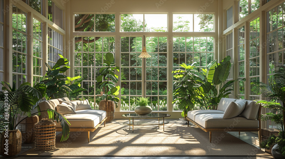 A tranquil sunroom with comfortable seating, a glass table, and plenty of greenery. The room features light, airy colors and natural light pouring in from floor-to-ceiling windows. A tranquil sunroom with comfortable seating, a glass table, and plenty of greenery. The room features light, airy colors and natural light pouring in from floor-to-ceiling windows.
