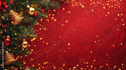 Red canvas Christmas background with xmas tree and sparkling bokeh lights, Merry Christmas and Happy New Year, winter holiday theme, room for text photo