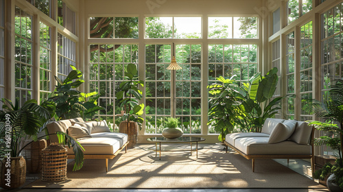 A tranquil sunroom with comfortable seating, a glass table, and plenty of greenery. The room features light, airy colors and natural light pouring in from floor-to-ceiling windows.