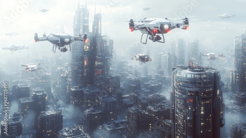 AI-Powered Autonomous Drones in Urban Settings: Drones navigating a futuristic cityscape, delivering packages or conducting surveillance.