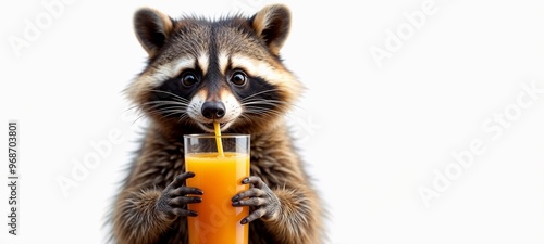 Raccoon drinking orange juice on white isolated background, advertising banner, mockup photo