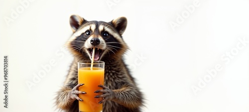 Raccoon drinking orange juice on white isolated background, advertising banner, mockup photo