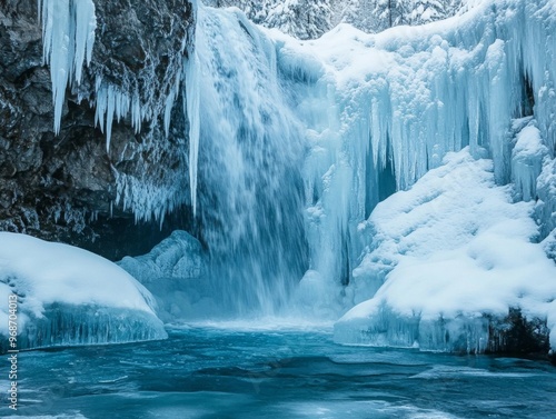 Frozen Waterfall with Icicles and a Turquoise Pool photo