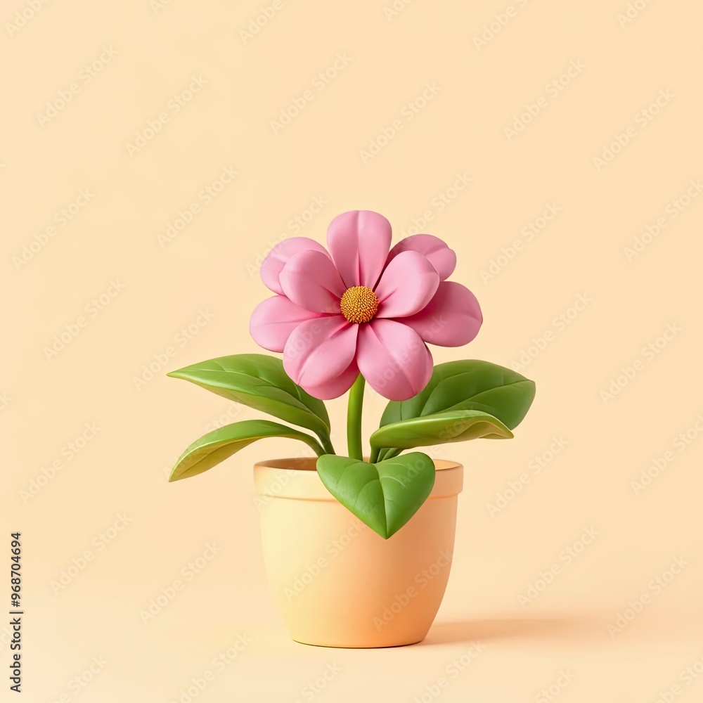 D Renere Pink Flower in Pot on Peach Backgroun D Renere Pink Flower in Pot on Peach Backgroun
