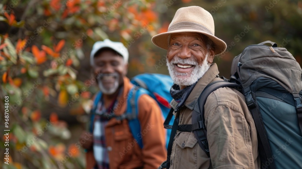 Obraz premium Two men are smiling and wearing backpacks while hiking in the woods