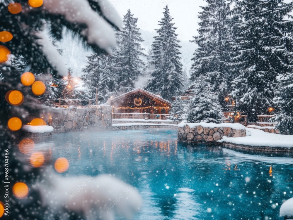 A Cabin Nestled in a Snowy Forest with a Pool in Front A Cabin Nestled in a Snowy Forest with a Pool in Front