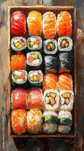 Sushi in an oil painting style with rich, warm colors and realistic brushwork. photo