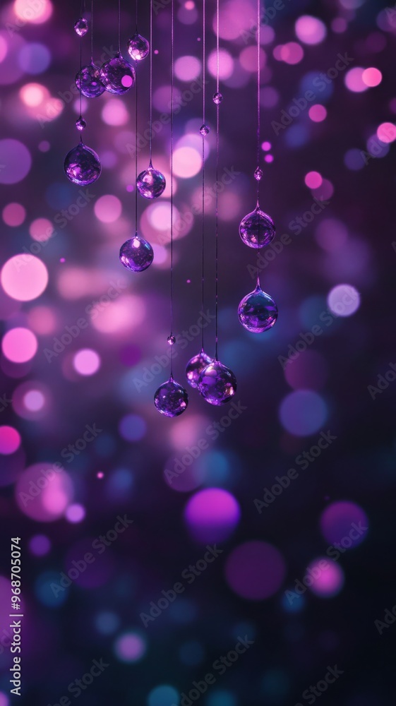 hanging crystal spheres with purple bokeh background, abstract design hanging crystal spheres with purple bokeh background, abstract design
