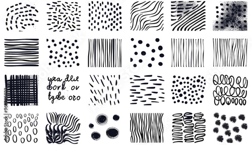 Hand drawn ink pattern and textures set vector, Set of hand drawn patterns. textures with ink, pencil, brush. Geometric doodle shapes of spots, dots, circles, strokes, stripes, lines.