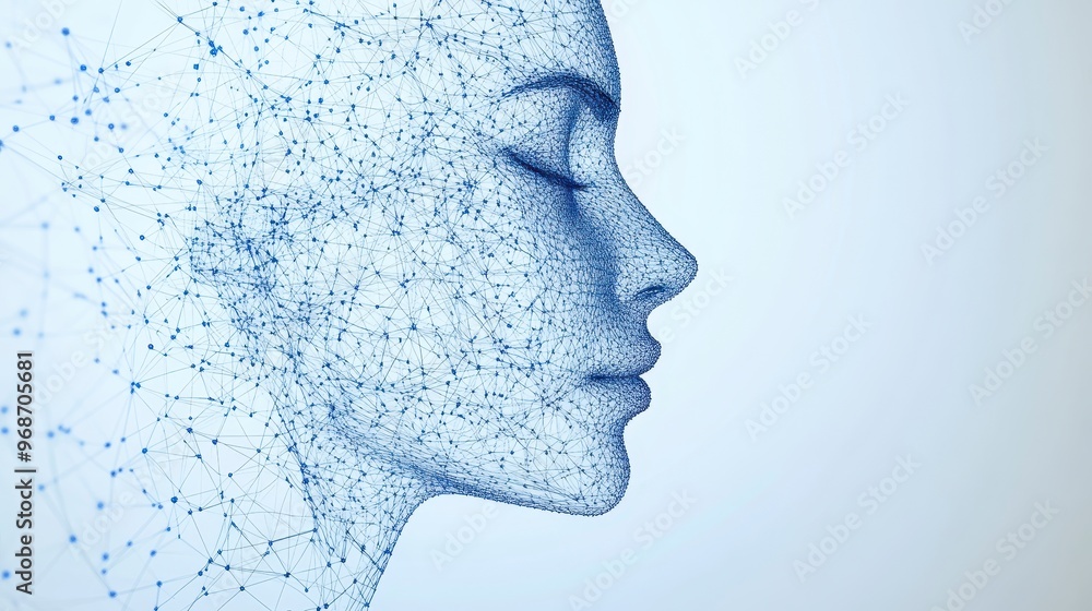 A dissolving blue wireframe human face, transitioning into particles on a clean white background. A dissolving blue wireframe human face, transitioning into particles on a clean white background.