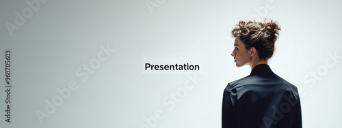 A young woman with curly hair in a formal black outfit stands against a minimalistic background with the word 'Presentation' displayed. photo