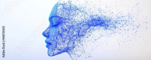 A dissolving blue wireframe human face, transitioning into particles on a clean white background.