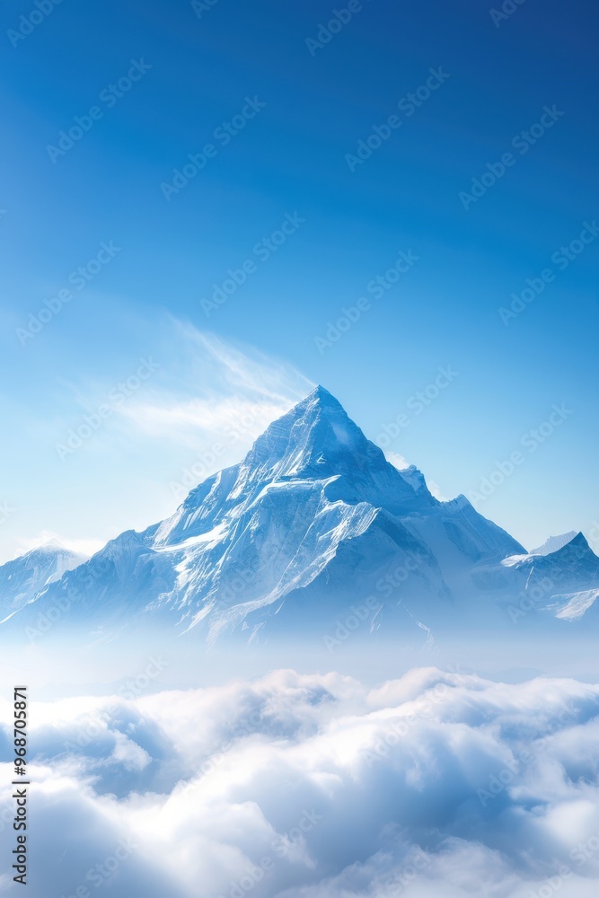 Majestic mountain peak rises above the clouds under a clear blue sky, showcasing nature's grandeur and beauty. Majestic mountain peak rises above the clouds under a clear blue sky, showcasing nature's grandeur and beauty.