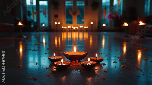 Spiritual Diwali celebration, homes glowing with diyas, traditional Hindu Festival of Lights, festive and serene holiday imagery, ideal for stock photos photo