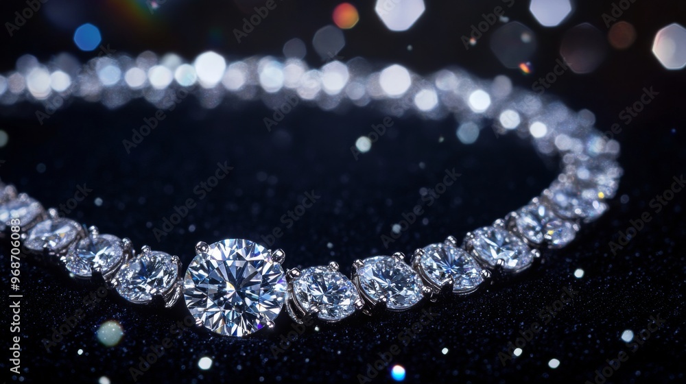 A sparkling diamond bracelet with large round and oval stones set in a silver band, photographed against a black background with bokeh lights. A sparkling diamond bracelet with large round and oval stones set in a silver band, photographed against a black background with bokeh lights.