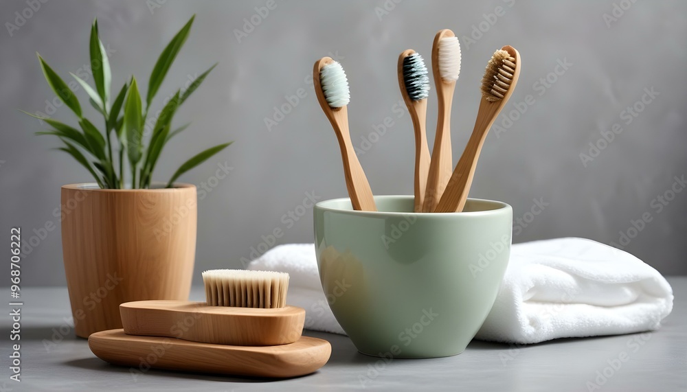 Eco toothbrushes. Bamboo toothbrushes cup, natural soap, plastic free ear sticks, wooden hair brush and white towels on gray stone background Eco toothbrushes. Bamboo toothbrushes cup, natural soap, plastic free ear sticks, wooden hair brush and white towels on gray stone background
