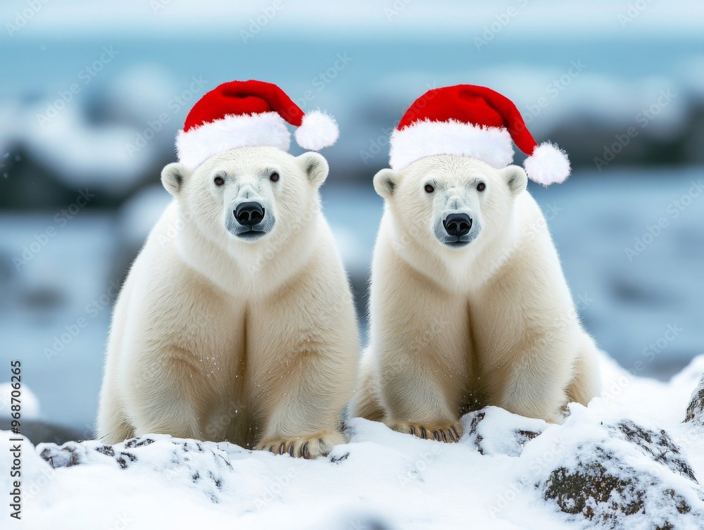 Two Polar Bears Wearing Santa Hats Sitting in the Snow Two Polar Bears Wearing Santa Hats Sitting in the Snow