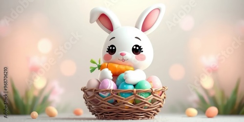 Cute Easter Bunny Hol Carrot in Basket with Easter Eggs photo