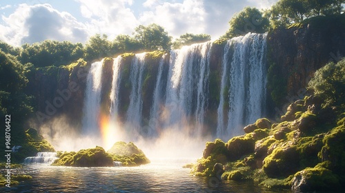 Photorealistic image of a roaring waterfall cascading over mosscovered rocks with mist rising from the base and sunlight creating a rainbow in the spray photo