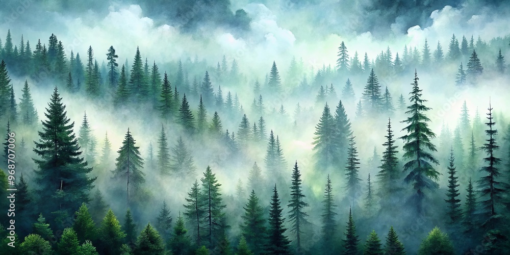 Fototapeta premium A mystical watercolor of a fog-covered pine forest with fir trees
