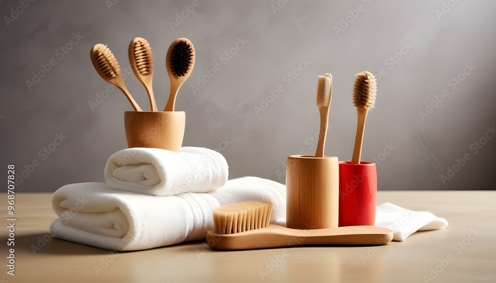 Eco toothbrushes. Bamboo toothbrushes cup, natural soap, plastic free ear sticks, wooden hair brush and white towels on gray stone background Eco toothbrushes. Bamboo toothbrushes cup, natural soap, plastic free ear sticks, wooden hair brush and white towels on gray stone background