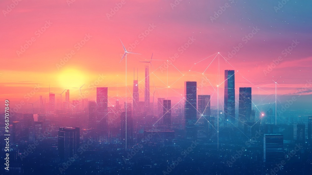 Cityscape Sunset Wind Turbines Cityscape Sunset Wind Turbines
