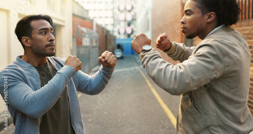 Fotografija Angry men, city and fight for conflict, violence and disagreement or bullying in alley