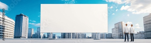 Two business people standing near a large blank billboard in an urban setting, ideal for advertising and marketing concepts.