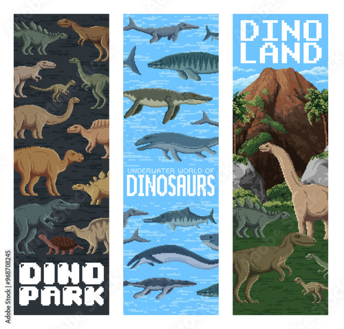 8 bit pixel dinosaurs park banners. Dino world vector vertical cards with reptile animal species in retro gaming style. Jurassic park ancient terrestrial or underwater creatures in natural environment