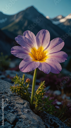 Luminous flower in mountains during the day on vertical background 33.