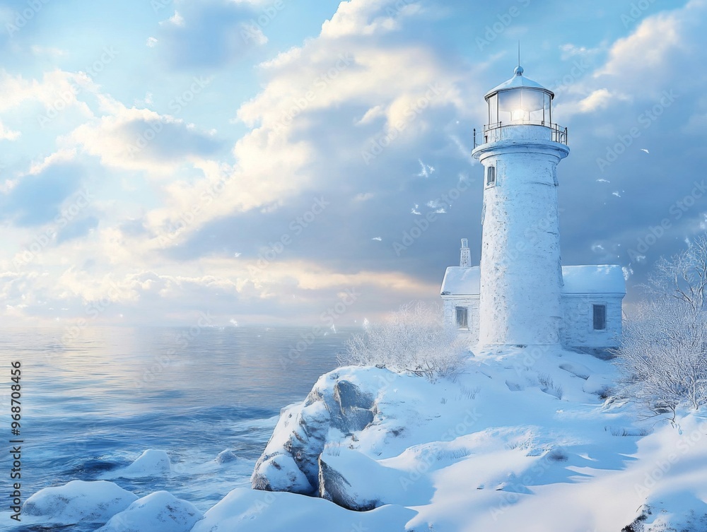 A Snowy Seascape with a Lighthouse on a Cliff A Snowy Seascape with a Lighthouse on a Cliff