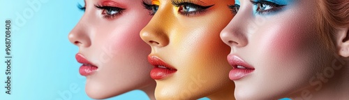 Vibrant makeup transformation, natural photo, elegant and radiant stock image soft pastel color background with clean copyspace