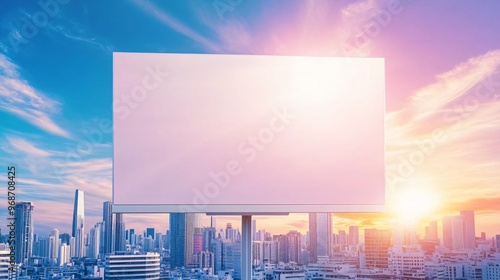 A blank billboard against a vibrant sunset skyline, perfect for advertising and showcasing messages in an urban environment.