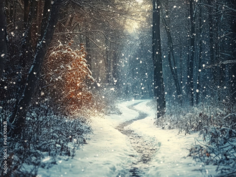A Snow-Covered Path Winding Through a Winter Forest A Snow-Covered Path Winding Through a Winter Forest