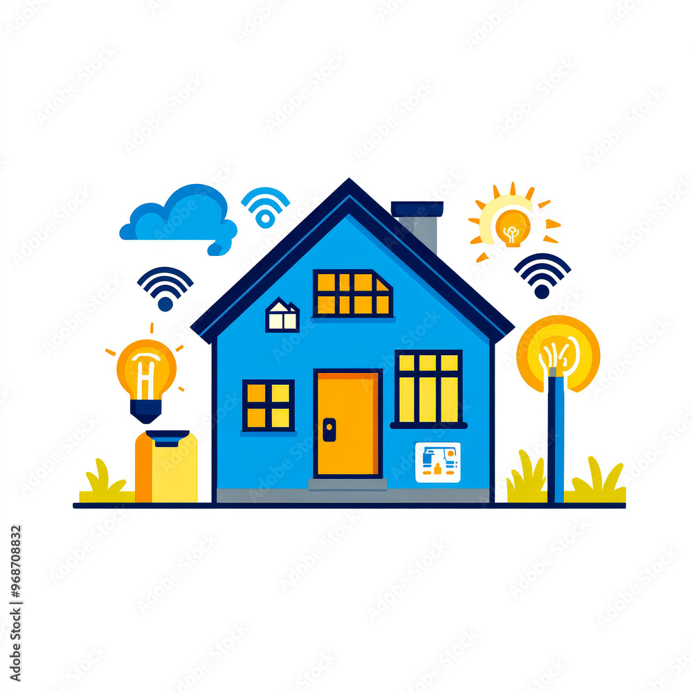 Smart home icon on white background. AI-driven management systems for various home components - solar energy, wi-fi, security, lightning. Smart home icon on white background. AI-driven management systems for various home components - solar energy, wi-fi, security, lightning.