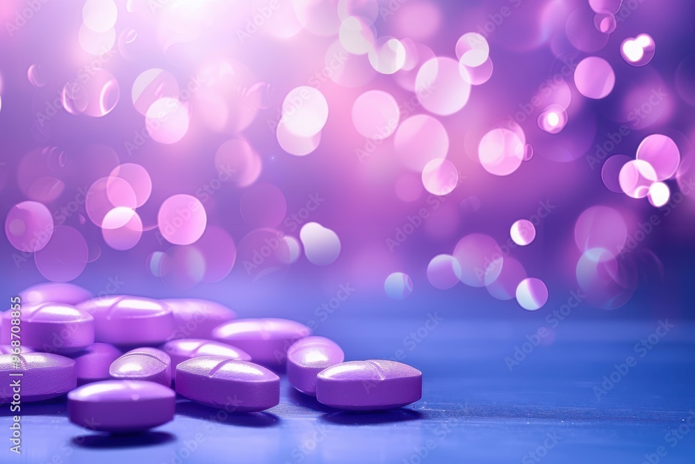 Vibrant purple pills scattered on a wooden surface, illuminated by a beautiful bokeh background that adds a dreamy effect. Vibrant purple pills scattered on a wooden surface, illuminated by a beautiful bokeh background that adds a dreamy effect.