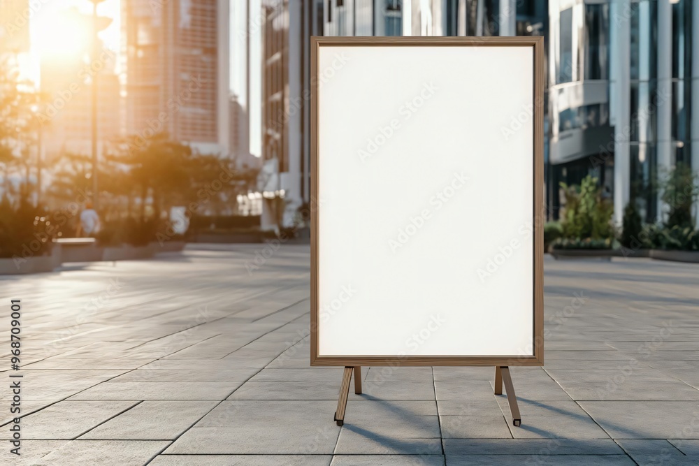 A blank wooden signboard stands in an urban plaza, framed by modern buildings and warm sunlight, ready for messages or advertisements. A blank wooden signboard stands in an urban plaza, framed by modern buildings and warm sunlight, ready for messages or advertisements.